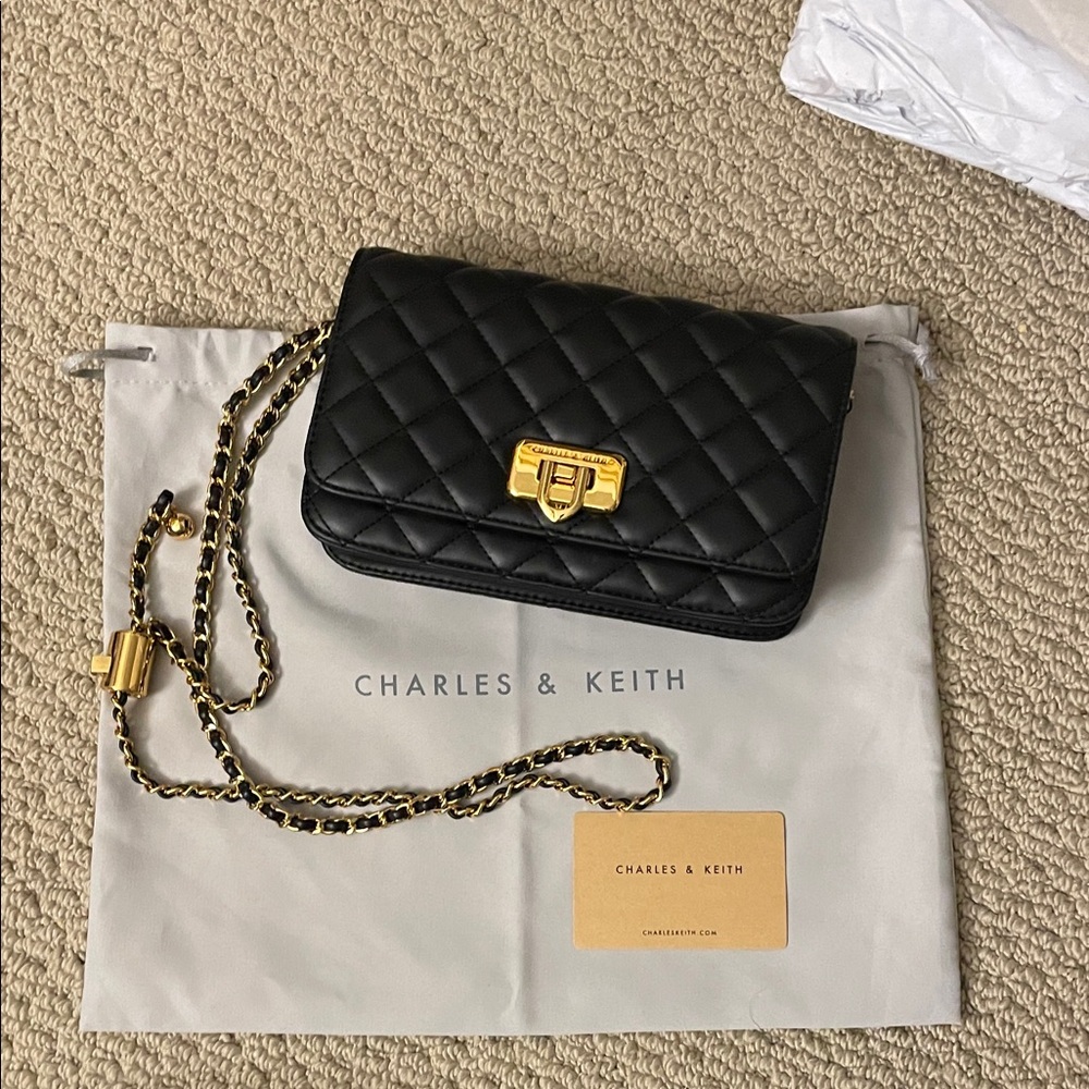Charles & Keith Quilted Black Crossbody with Gold Chain Wallet on a Chain